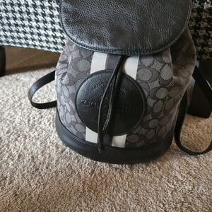Coach Signature Backpack Black Gray Stripe Leather Trim CE601